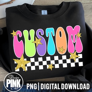 Custom PNG - Retro School Spirit Design, Checkered Pattern, Glitter Stars, Sublimation Graphic, Digital Download, Team Mascot