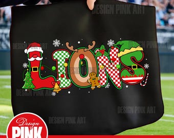 May include: Black tote bag with the word "LIONS" in a festive Christmas design. The letters are decorated with a Santa boot, reindeer antlers, and an elf hat. The bag also features snowflakes, a gingerbread man, and the text "PNG | DIGITAL DOWNLOAD".