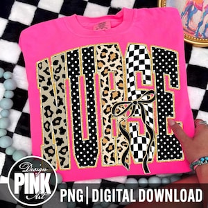 May include: A vibrant pink sweatshirt displaying the word "NURSE" in large, striking letters. The letters are adorned with leopard print, polka dots, and a checkered design, all outlined in gold. A black and white bow is centered on the word. The bottom of the image says "PNG | DIGITAL DOWNLOAD".
