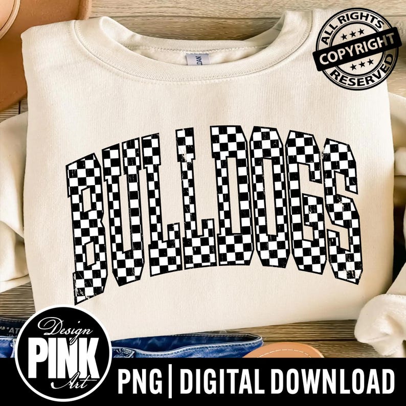 Bulldogs Checkerboard PNG | Distressed Varsity Sublimation | Trendy Race Flag Game Day Digital Download | Mascot | Grunge School Spirit image 1