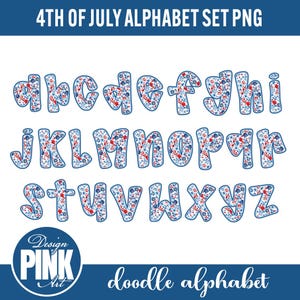 May include: A full alphabet set in a doodle style, ideal for 4th of July designs. Each letter is filled with a floral pattern in red, white, and blue, with a blue outline. The text "4TH OF JULY ALPHABET SET PNG" is at the top.