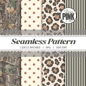 May include: A digital collection of four seamless patterns featuring a forest camouflage print, brown polka dots on a cream background, a leopard animal print, and vertical black and white stripes. Text reads Design PINK Art Seamless Pattern.