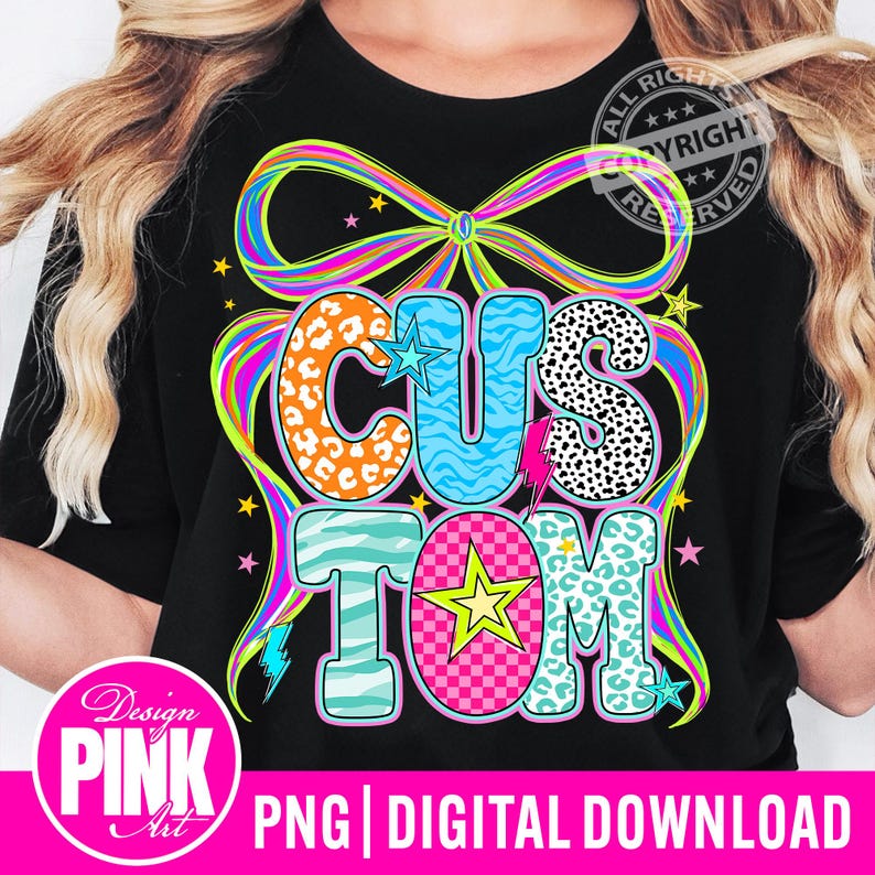 Custom Neon Coquette Bow PNG: Checkered Leopard Floral Letters (Digital Download) image 1
