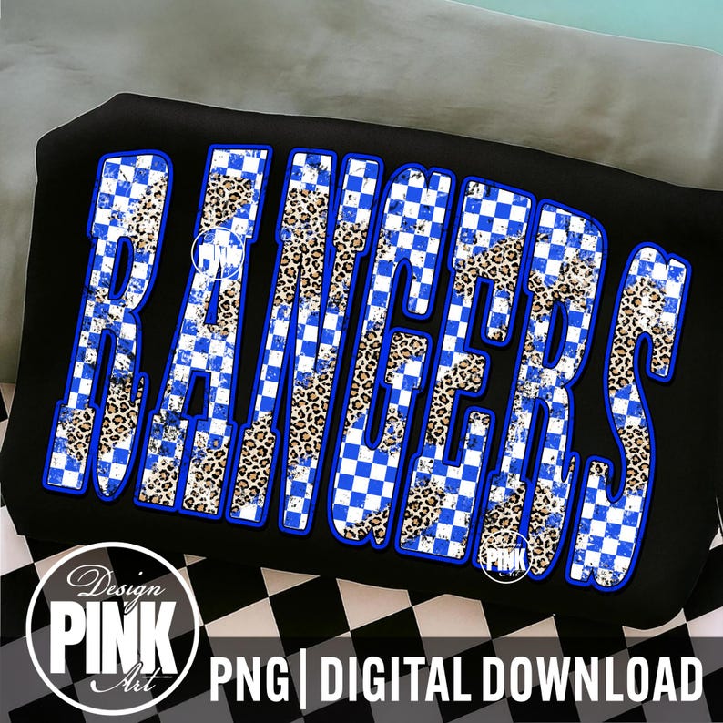 May include: Black graphic t-shirt with the word "RANGERS" in large, bold letters. The letters feature a blue and white checkered pattern and leopard print. The design includes the text "PNG | DIGITAL DOWNLOAD" and a "Design PINK Art" logo.