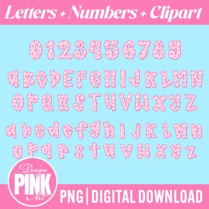 May include: A digital graphic featuring a full alphabet and numbers 0-9 in a pink floral pattern. The letters and numbers are displayed in uppercase and lowercase, with a light blue background. The words "Letters + Numbers + Clipart" are at the top.