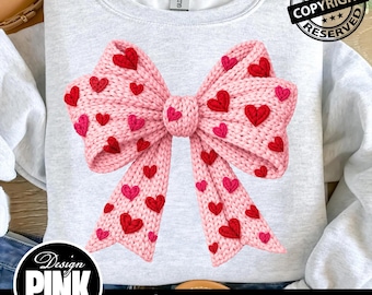 Chunky Knit Bow PNG | Valentine Heart Ribbon Sublimation | Pink Crocheted Bow Stack Digital Download | Cozy Love Aesthetic Shirt Design