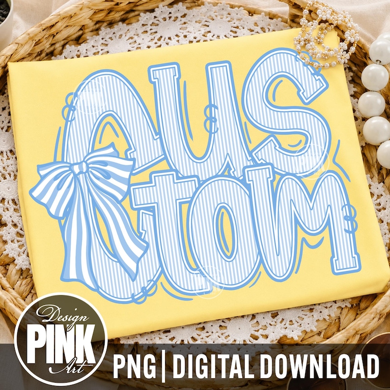 May include: A yellow background with the word "CUSTOM" in large, blue, striped letters. A blue bow is on the left side. The words "Design Pink Art" are in a circle at the bottom left, with "PNG | DIGITAL DOWNLOAD" below.