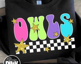 Retro Owls PNG: Glitter Stars, Checkered Pattern (Digital Download)