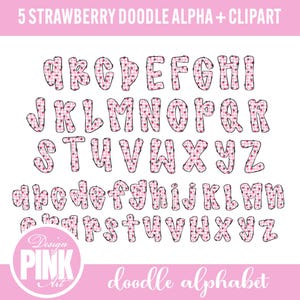 May include: A digital clipart set featuring a strawberry-themed doodle alphabet in uppercase and lowercase letters. The letters are pink with a gingham pattern and red polka dots. The image includes the text "5 STRAWBERRY DOODLE ALPHA + CLIPART".
