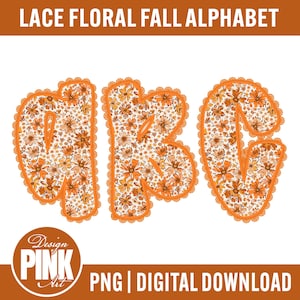 May include: The image shows the letters "a", "b", and "c" in a floral design. The letters are filled with a pattern of orange and cream-coloured flowers and outlined with orange lace. The text "LACE FLORAL FALL ALPHABET" is at the top.