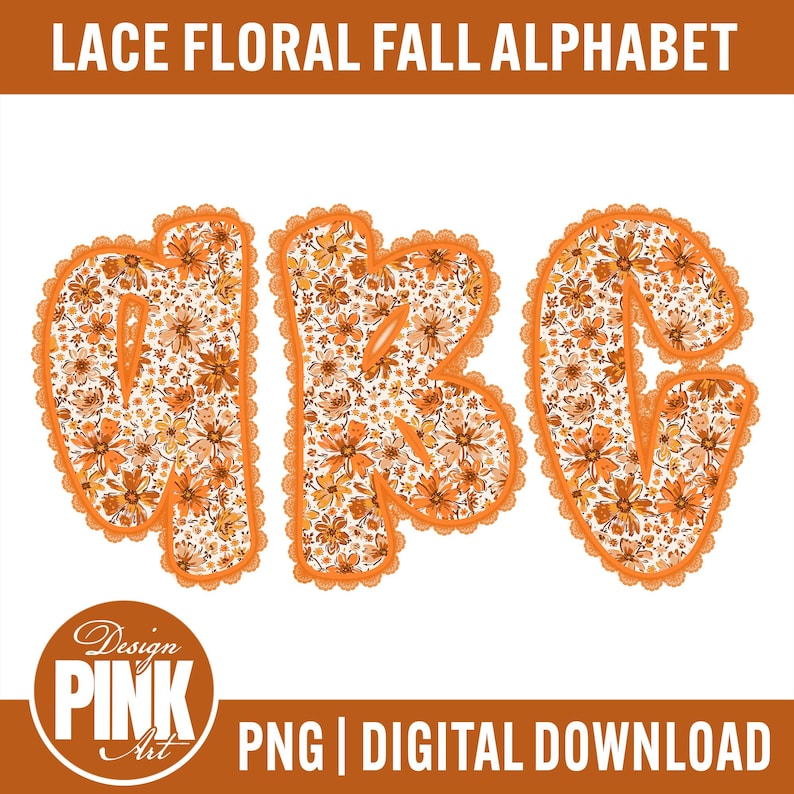 May include: The image shows the letters "a", "b", and "c" in a floral design. The letters are filled with a pattern of orange and cream-coloured flowers and outlined with orange lace. The text "LACE FLORAL FALL ALPHABET" is at the top.