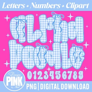 May include: Digital clipart set featuring the words "ALPHA DOODLES" in a bubble font with a blue and white gingham pattern. Each letter is adorned with a blue ribbon. Numbers 0-9 are also included, set against a bright pink background.