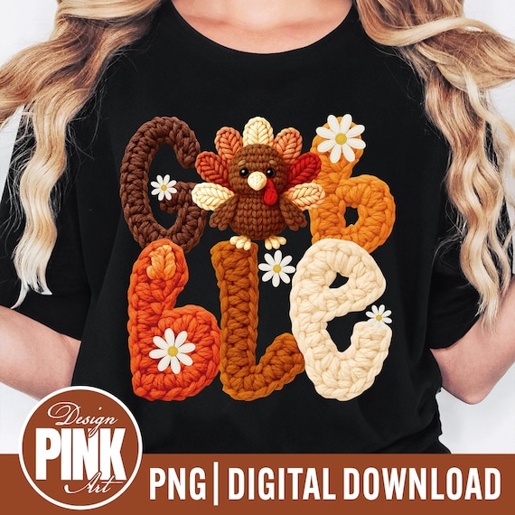 Gobble Turkey Faux Crochet PNG | Thanksgiving Sublimation Yarn Letters | Fall Holiday Digital Download | Cute Knitted Turkey | Cozy Autumn