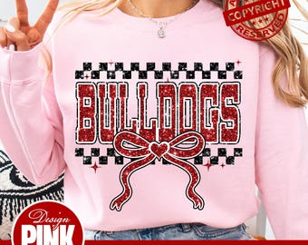 Bulldogs Red Glitter PNG | Trendy Checkerboard Bow Sublimation | Game Day Team Spirit Digital Download | Cute Block Letters Mascot Art
