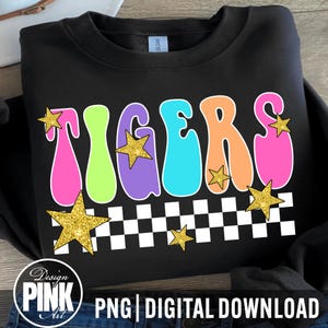 Retro Tigers PNG: Glitter Stars, Checkered School Spirit Design (Digital Download)