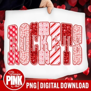 May include: A white background displays the word "ROCKERS" in a bold, decorative font. The letters are filled with various patterns, including red gingham, leopard print, glitter, and stripes. The bottom of the image includes the text "Design PINK Art" and "PNG | DIGITAL DOWNLOAD".
