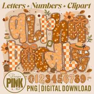 May include: Digital clipart set featuring letters, numbers, and fall-themed illustrations. The letters and numbers are in shades of orange and brown with patterns like pumpkins, polka dots, and gingham. Includes a hat, teacup, and other fall-themed elements.