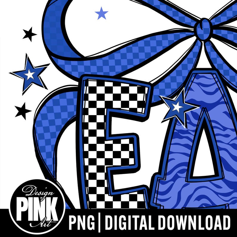 May include: A digital design featuring the letters "EA" in a bold, outlined font. The "E" has a black and white checkered pattern, while the "A" has a blue zebra stripe design. Blue ribbons and stars surround the letters. The text "PNG | DIGITAL DOWNLOAD" is at the bottom.