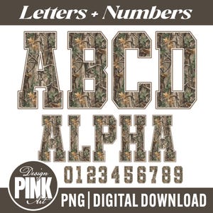 May include: A digital graphic set featuring the letters A, B, C, D, and the word ALPHA, along with the numbers 0 through 9. Each character is filled with a brown and green forest camouflage pattern and outlined in a thin white border.