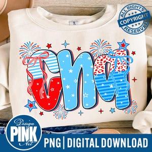 May include: Cream-colored sweatshirt with a patriotic "GM" design in red, white, and blue. The letters are decorated with stars, stripes, and bows, with fireworks and stars around the letters. The design includes the text "PNG | DIGITAL DOWNLOAD".