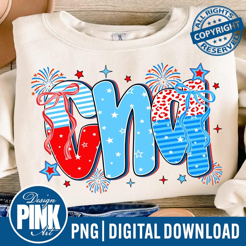 May include: Cream-colored sweatshirt with a patriotic "GM" design in red, white, and blue. The letters are decorated with stars, stripes, and bows, with fireworks and stars around the letters. The design includes the text "PNG | DIGITAL DOWNLOAD".