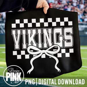 May include: Black tote bag with the word "VIKINGS" in large white block letters, a white bow, and a checkered pattern. The words "Design Pink Art" and "PNG DIGITAL DOWNLOAD" are also visible.