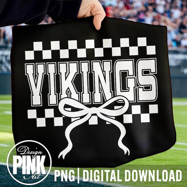 May include: Black tote bag with the word "VIKINGS" in large white block letters, a white bow, and a checkered pattern. The words "Design Pink Art" and "PNG DIGITAL DOWNLOAD" are also visible.