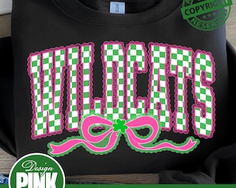 Wildcats St Patrick’s Day PNG, Green Gingham Mascot with Pink Bow, Preppy Clover School Spirit Design, Digital Download PNG