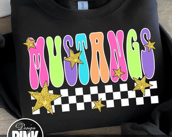 Retro Mustangs PNG: Glitter Stars, Checkered School Spirit (Digital Download)
