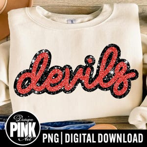 May include: Cream-colored sweatshirt with the word "Devils" in a red glitter script, outlined in black and accented with silver sparkles. The design is centered on the front of the garment. The bottom of the image includes a logo and the text "PNG | DIGITAL DOWNLOAD".