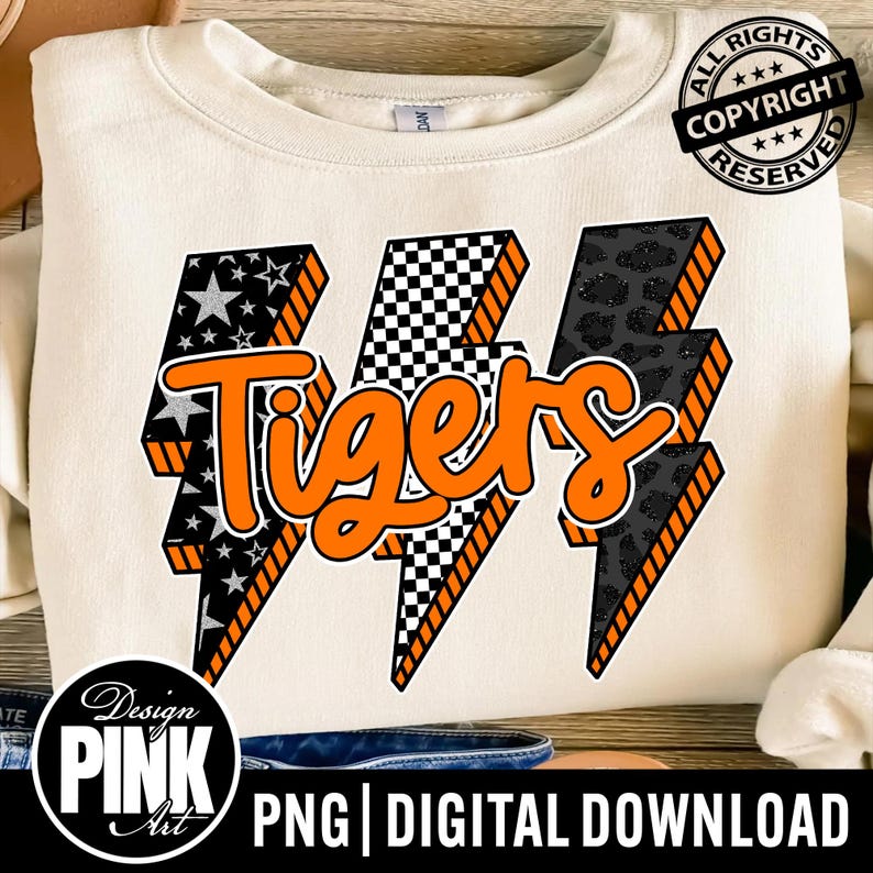 Tigers Lightning Bolt PNG: School Spirit Shirt Design (Digital Download image 1