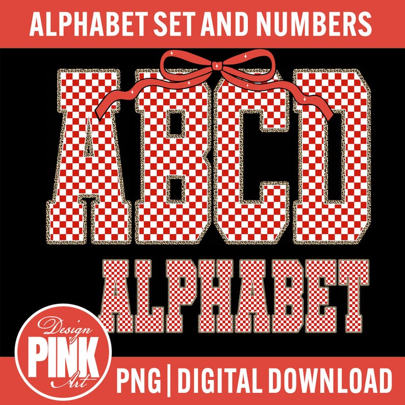 Preppy Alphabet PNG Set, Red Checkered Alphabet and Numbers, Leopard ...