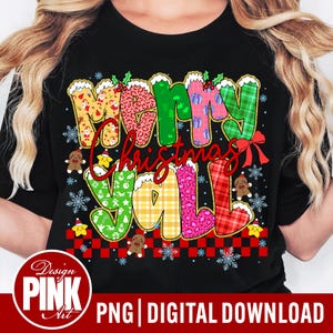 May include: Black t-shirt with the words "Merry Christmas Y'all" in a colorful, patterned design. The text includes various patterns, gingerbread men, snowflakes, and a red bow. The shirt also has the text "Design Pink Art" and "PNG | DIGITAL DOWNLOAD".