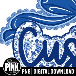 May include: A digital design featuring the word "Custom" in a bold, dark blue font with a floral pattern. The design includes a decorative blue border and the text "PNG | DIGITAL DOWNLOAD". A "Design Pink Art" logo is in the lower left corner.