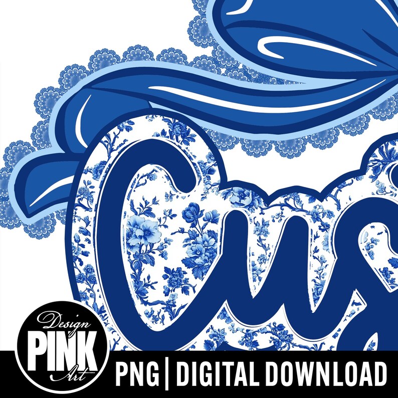 May include: A digital design featuring the word "Custom" in a bold, dark blue font with a floral pattern. The design includes a decorative blue border and the text "PNG | DIGITAL DOWNLOAD". A "Design Pink Art" logo is in the lower left corner.