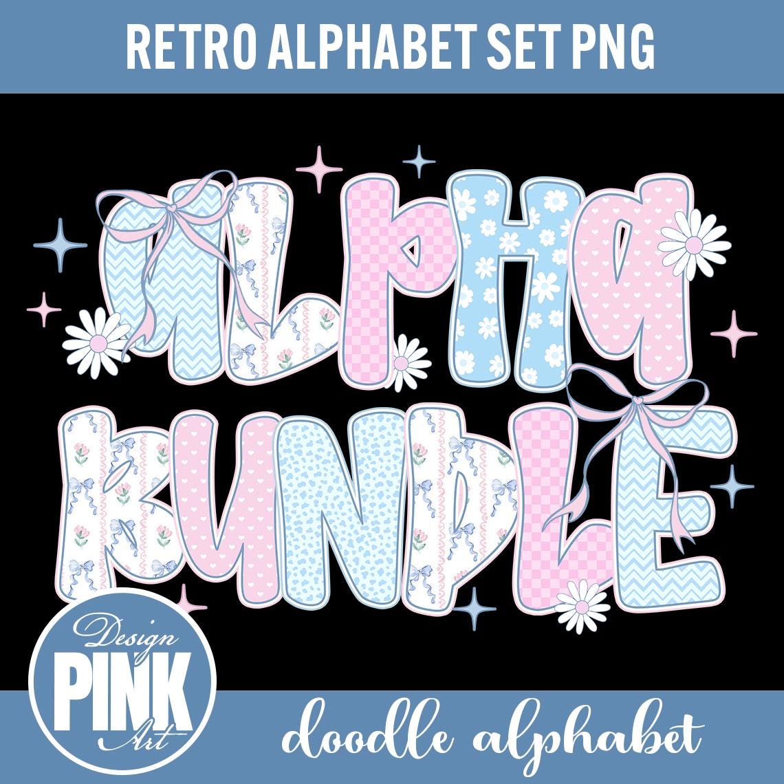 Retro Alphabet PNG Bundle: Pink & Blue Doodle Font (Digital Download)