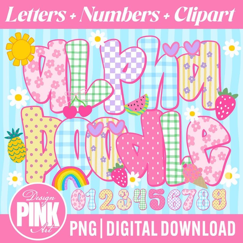 May include: A digital design featuring colorful letters, numbers, and clipart. The letters spell out "ALOHA" and "KALE", with various patterns and floral designs. Includes a rainbow, fruit, and ice cream cone. The text "Letters + Numbers + Clipart" is at the top.