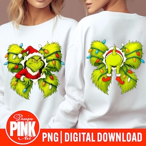 Grinchen julrosett PNG-set | Sublimeringsdesign för Grinchen fram och bak | Digital nedladdning av roliga julbelysningar | Grinchmas-designpaket