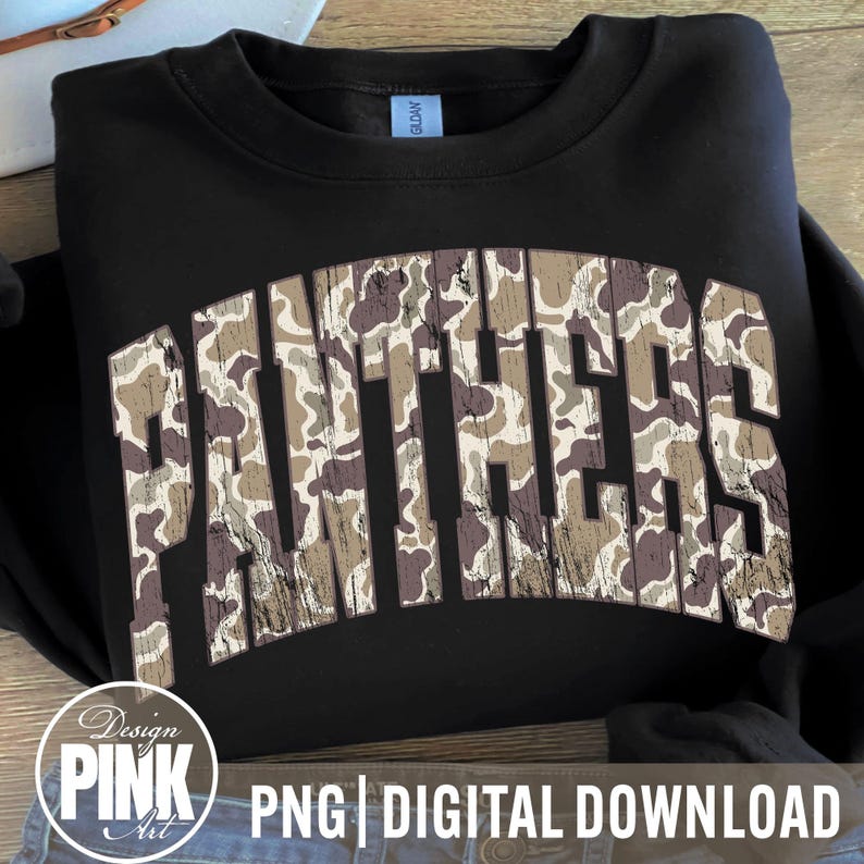 May include: Black sweatshirt featuring the word "PANTHERS" in a camouflage pattern. The text is arched across the chest. The image also includes the text "PNG | DIGITAL DOWNLOAD".
