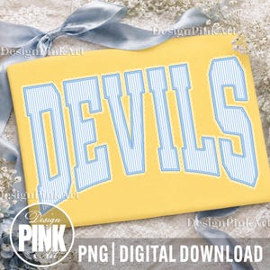 May include: A yellow rectangular graphic featuring the word DEVILS in large, block-style letters. The letters are filled with a light blue and white vertical pinstripe pattern and outlined with a scalloped white border against the yellow background.