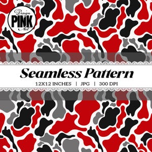 May include: A seamless pattern featuring irregular organic shapes in red, black, and gray on a white background. The image includes the text Design PINK Art, Seamless Pattern, and 12X12 INCHES | JPG | 300 DPI with lace-like borders.