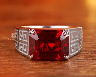 Anel masculino com rubi lapidado em formato esmeralda 9.07, anel com pedra vermelha lapidada em esmeralda, anel de sinete vintage, anel marcante em prata, anel gótico com pedra preciosa para homens.
