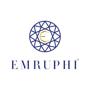 May include: A logo featuring a blue geometric design resembling a gem, with a gold letter "E" in the center. Below the design is the word "EMRUPHI" in a dark blue serif font, with a registered trademark symbol.