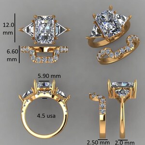 May include: A gold engagement ring with a large rectangular center stone and two triangular side stones. The ring is shown from multiple angles, with measurements in millimeters and a ring size of 4.5 USA.