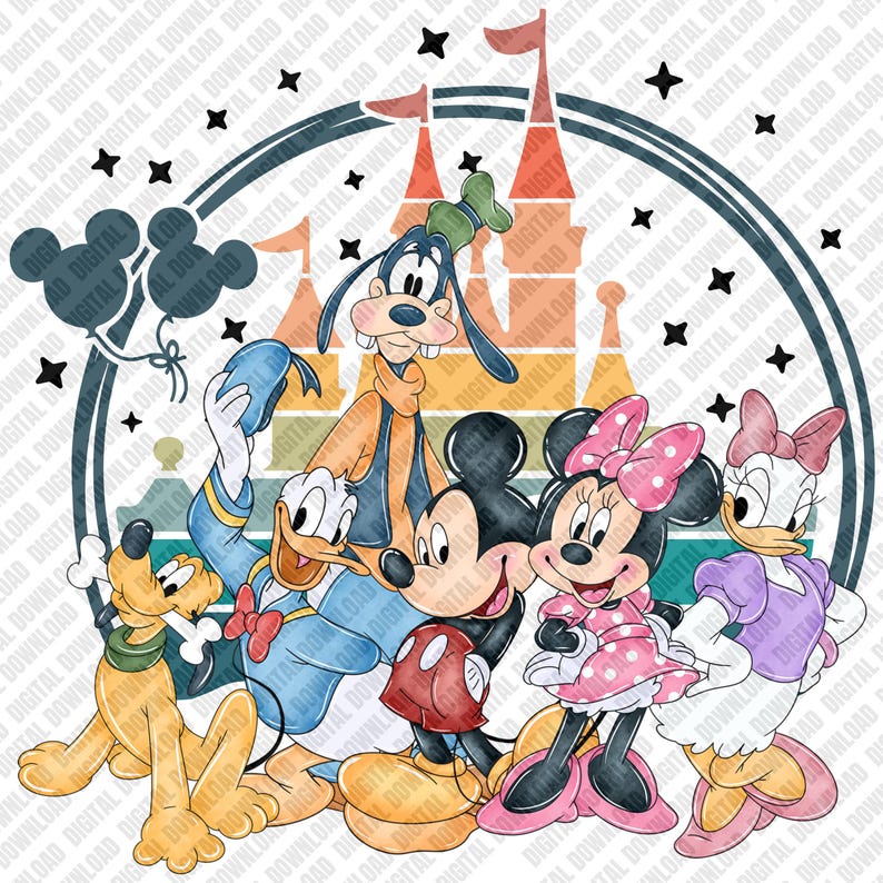 May include: A colorful illustration featuring Disney characters Mickey Mouse, Minnie Mouse, Donald Duck, Goofy, Pluto, and Daisy Duck. The characters are in front of a castle with a blue and green circular border and black star accents. Mickey and Minnie are in the center.