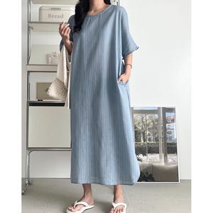 Cotton Kaftan Dress / Loose Fit Summer Dress / Korean Cotton Maxi Dress / Minimalist Loungewear / Beige Light Blue