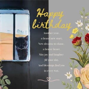 Une carte d'anniversaire de style carte postale vintage avec un motif floral et un beau chat gris avec un message spécial en téléchargement numérique (PDF).