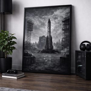 Op de afbeelding: Zwart-wit kunstprint van een raket op een lanceerplatform, met industriële structuren en een bewolkte lucht. Het ingelijste kunstwerk staat in een moderne interieursetting.