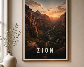 May include: A framed vertical wall art print featuring a sunset landscape of Zion National Park. The image displays deep canyon walls, a winding river, and a golden sky. The text reads Nature's Masterpiece, ZION NATIONAL PARK, and EST. 1919.