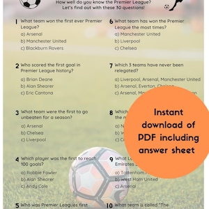 Premier League Quiz (30 Questions) – Football Trivia with Answers | Printable PDF, A4, Instant Download